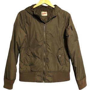 Schott Bros NYC Jacket Mens Medium M Green Hooded Bomber USA Nylon Zip Insulated
